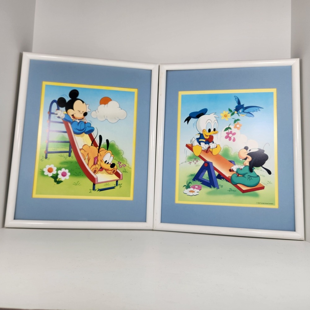 Vintage 1984 Disney Baby Mickey Donald Goofy Pluto Framed Nursery Art Set of 2
